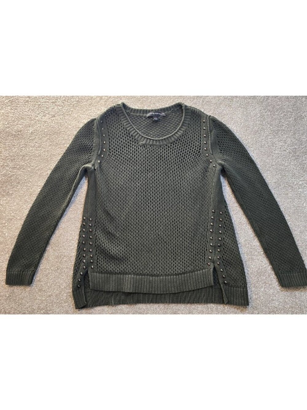 Rock & Republic Open Knit Sweater Pullover Rivets Olive Green Long Sleeve Size L
